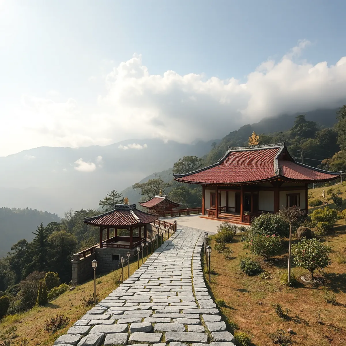 Vue d'ensemble paisible d'un temple niché au pied des montagnes de Jeju, où des bâtiments en bois traditionnels aux toits rouges s'harmonisent gracieusement avec la forêt verte et les montagnes couvertes de brume.