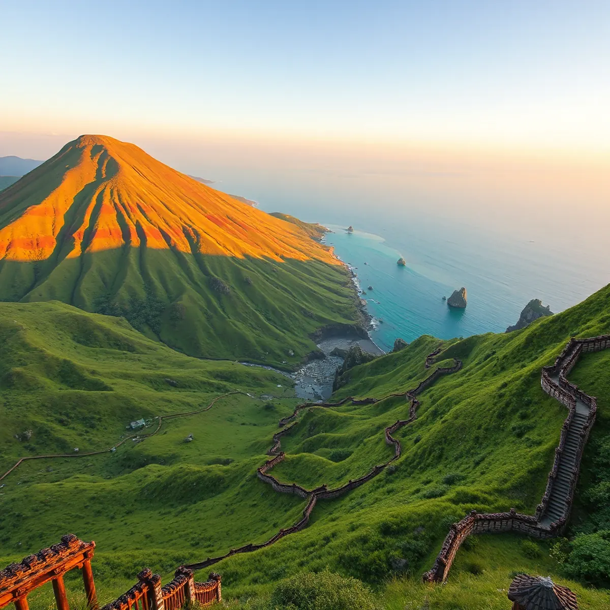 Sunrise scene at the eastern coast of Jeju Island, with Seongsan Ilchulbong bathed in red light