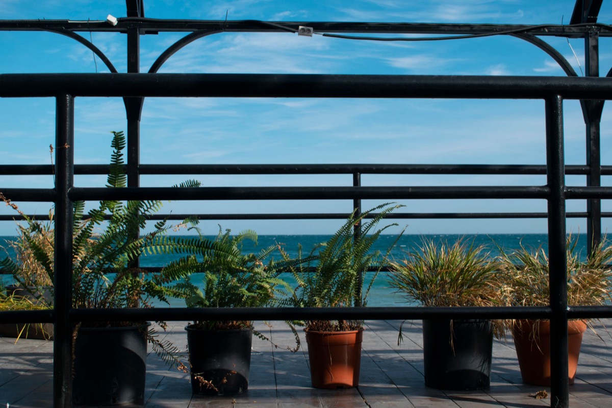 Terraza de un café con vistas espectaculares al océano en Jeju.