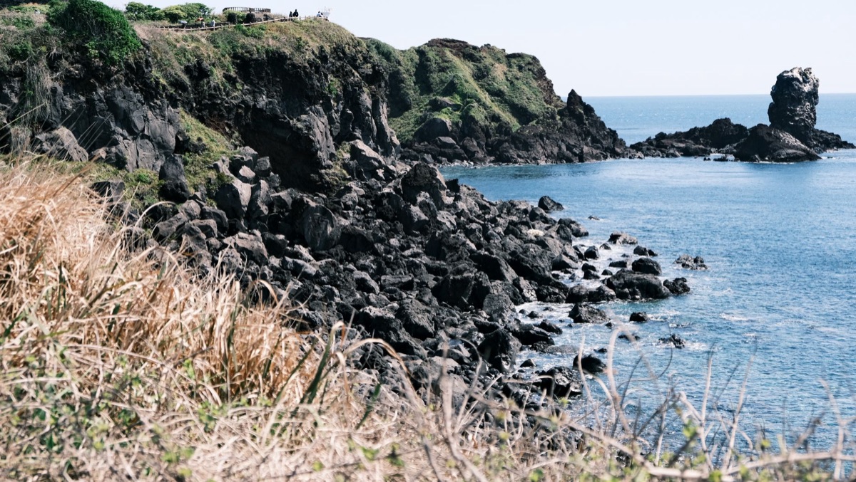 Aerial view of the beautiful Jeju Island coastline and ocean
