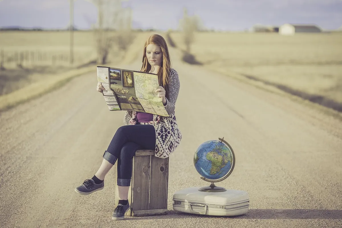 globe trotter, traveller, globe, map, journey, planning, waiting, female, world map, woman, world, road, dirt road, travel, traveling, outdoors, young woman
