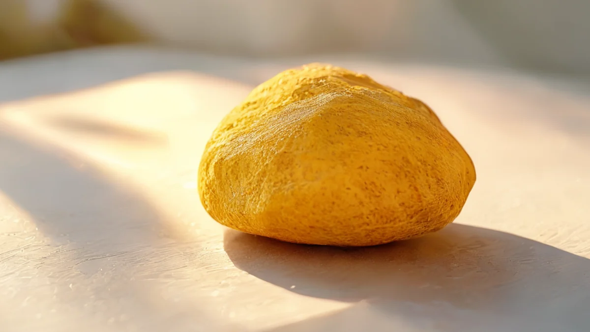 A single yellow sand boulder, rounded and gritty, on a white table under golden hour light.