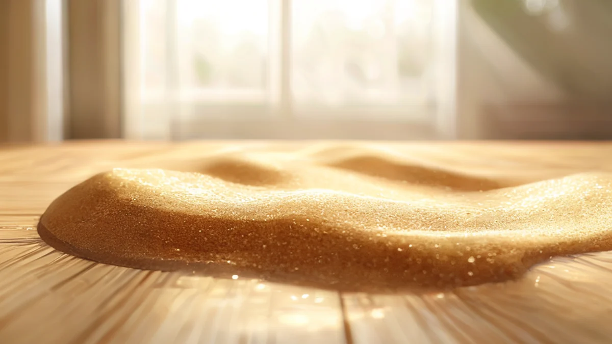 suelo de arena dorada, textura fina, sobre una mesa de madera bajo luz suave de ventana, profundidad de campo baja, fotorealista, enfoque neto, detalles altos