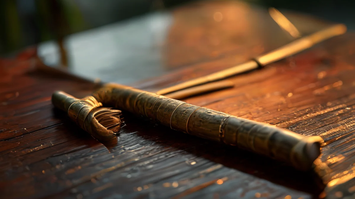 Bamboo Fish Hook, darkened surface, curved shape, resting on a lacquered table, golden hour, shallow depth of field, photorealistic, sharp focus, high detail