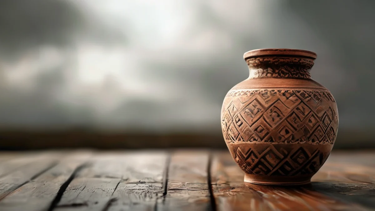 A handcrafted Sikkim jar, earthenware with intricate patterns, sitting on a wooden table, overcast daylight, shallow depth of field, photorealistic, sharp focus, high detail