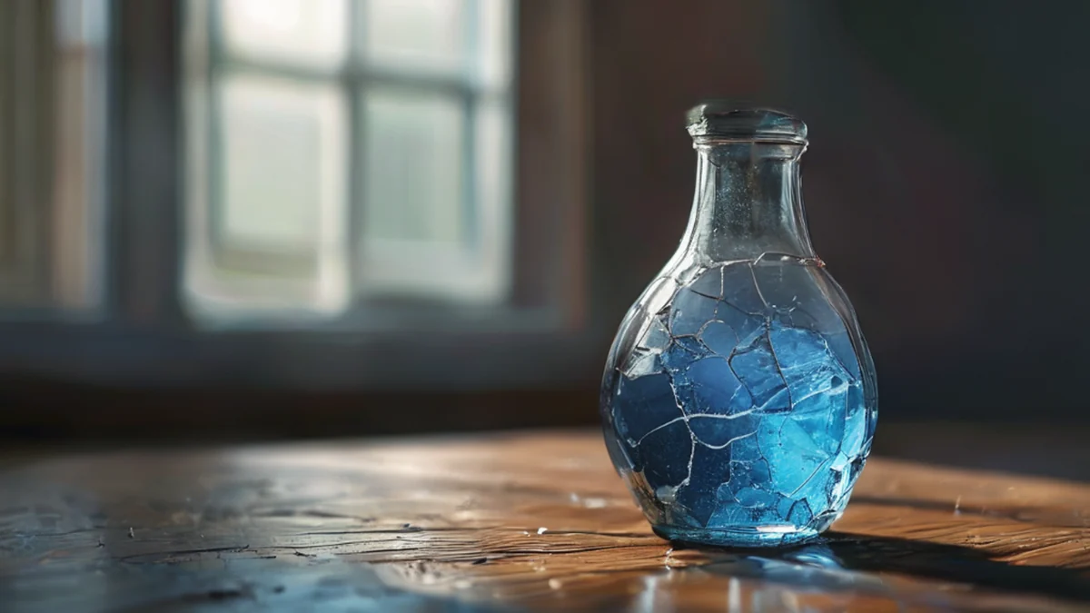 Un recipiente de agua con una grieta visible en el lado.