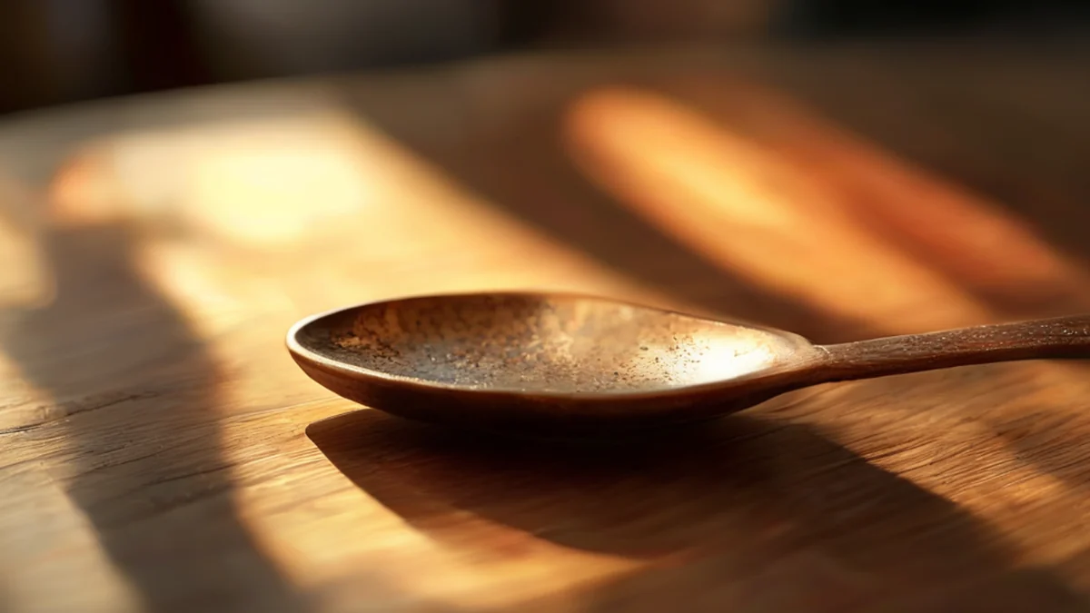 Een kleine, plat eetgerei met een roestig handvat en een rond hoofd, op een houten tafel onder warme zijkantlicht, zacht scherp focus, fotorealistisch, hoog detail, scherp focus